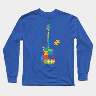 Color Puzzle Offset Style Electric Guitar Silhouette Long Sleeve T-Shirt